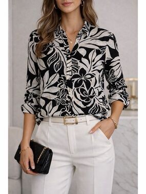Talbots Black and White Floral Button-Down Shirt